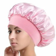 Detailed information about the product Solid Color Shower Cap for Women Satin Wide-Brimmed Bath Cap Reusable Shower Cap for All Hair Lengths (Pink)