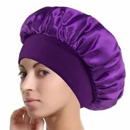 Detailed information about the product Solid Color Shower Cap for Women Satin Wide-Brimmed Bath Cap Reusable Shower Cap for All Hair Lengths (Purple)