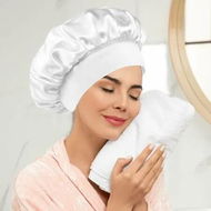 Detailed information about the product Solid Color Shower Cap for Women Satin Wide-Brimmed Bath Cap Reusable Shower Cap for All Hair Lengths (White)