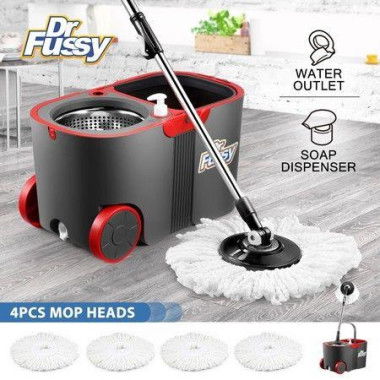 Spin Rotating Mop And Bucket Set Dr Fussy 360 Degree With Wheels And 4 Microfibre Mop Heads