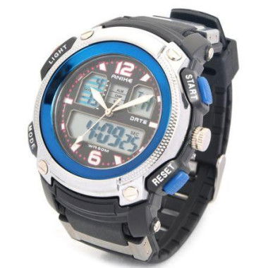 Sports Diving Dual Time Display Wristwatch With Alarm Clock/Stopwatch - Black + Blue.