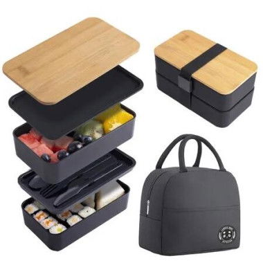 Stackable Bento Lunch Box With Lunch Bag,Built-In Plastic Utensil Set,Double Layer And 2 Dividers Includes Lunch Bag Cutlery Dishwasher Safe Black