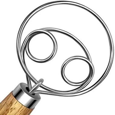 Stainless Steel Dutch Style Danish Dough Whisk Bread Dough Hand Mixer with Wooden Handle for Kitchen Baking and Bread Making