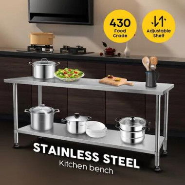 Stainless Steel Kitchen Bench Workbench Island Food Prep Table Countertop Benchtop Work Desk Adjustable Storage Shelf 430 Commercial 182.9x61cm