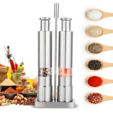 Stainless Steel Salt and Pepper Grinder With Bracket Sets,Thumb Push Button for Hand Operation Grinder Sea Salt Spices Shaker