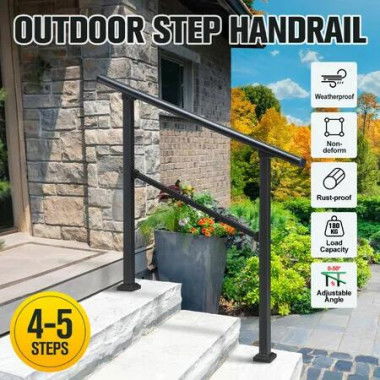 Stair Handrail Railings 4 to 5 Steps Metal Adjustable Black Safety Guard Hand Rails Kit for Outdoor Staircases Porches Decks