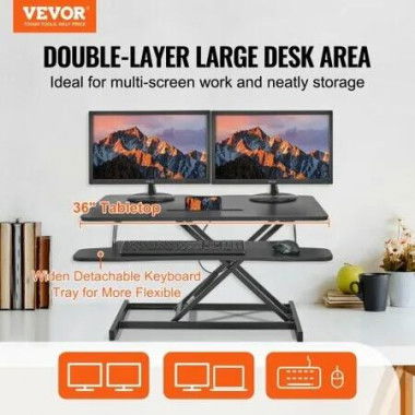 Standing Desk Converter, Two-Tier Stand up Desk Riser, 915 mm Large Sit to Stand Desk Converter, 140-510 mm Adjustable Height, for Monitor, Keyboard & Accessories Used in Home Office