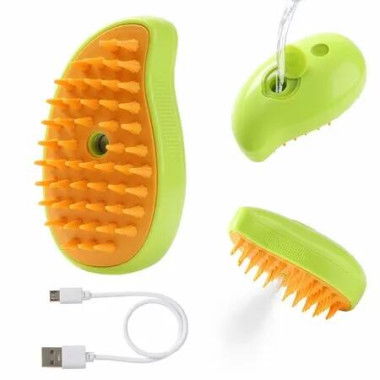 Steamy Cat Grooming Brush Self Cleaning Massage Tool Detangling Loose Hair Remover Pet Shedding 3in1 Green Gentle Skin Safe for Cats
