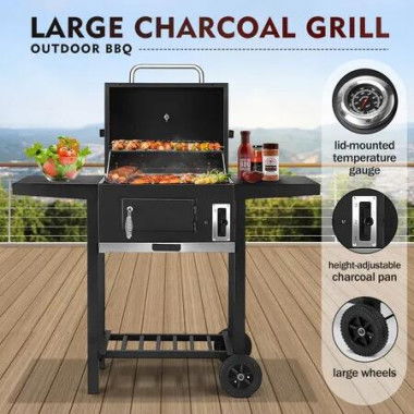 Steel Charcoal BBQ Grill Trolley Portable Cooking Grill Outdoor Barbecue Set for Picnic Patio Backyard Cooking