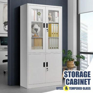 Steel Filing Cabinet Locker Office File Storage Shelves Lockable Cupboard Garage Organiser Tempered Glass 185x90x40cm