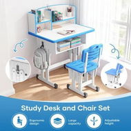 Detailed information about the product Study Desk and Chair Set Height Adjustable Ergonomic Kids Childrens Writing Table Seat Bookshelf Storage Shelves Drawer Side Hook Home School Students