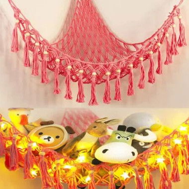 Stuffed Animal Toy Storage Hammock with LED Light - Macrame Jumbo Doll Room Corner Organizer Mesh Decorations - Hanging Storage Nets Kids Bedroom (Pink)