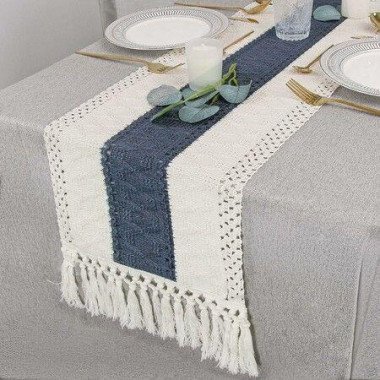 Table Runner for Home Decor 108 Inches Long Farmhouse Rustic Table Runner Cream & Blue Macrame Table Runner with Tassels for Boho Dining Bedroom Decor Rustic Bridal Shower (12x108 Inches)