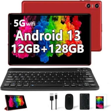 Tablet 10.1 Inch Android 13 PC with 12G 128 GB Support Octa-Core 2.0 GHz 5G WiFi Dual Camera Bluetooth 5.0 HD Screen Tablet with Keyboard Mouse-Red