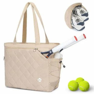 Tennis Bag With Shoe Compartment,Extra Large Padded Pickleball Bag Holds 2-4 Rackets,Water Resistant Lightweight For Men And Women Color Beige