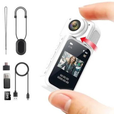 Tiny Thumb Action Camera, Mount Anywhere, Small Body with Spring Clip, Portable Vlogging Camera for Cycling, Motorcycle and More, White