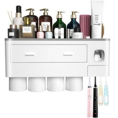 Toothbrush Holders For Bathrooms4 Cups Toothbrush Holder Wall Mounted With Toothpaste DispenserLarge Capacity Tray2 Cosmetic Drawer And 7 Brush Slots With Cover Tooth Brush Holder