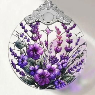 Touber Stained Glass Christmas Ornament, Purple Bauhinia and Violets, 3x3.5 Inch, Hanging, Christmas Tree Decoration