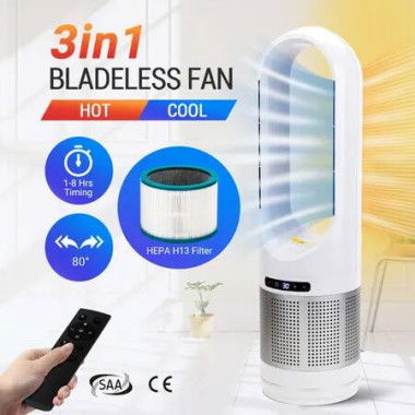 Tower Fan Heater Cooler 3in1 Electric Bladeless Oscillating Space Hot Cool Air HEPA Filter Purifier Remote Control Timer