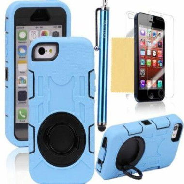 TPU Rubber Heavy Duty Armor Shockproof Case For IPhone 5/5S With Stylus Pen Screen Protector And Cleaning Cloth - Black/Light Blue.