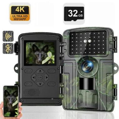 Trail Camera,4K 60MP WiFi Bluetooth Game Cameras with No Glow Night Vision,0.1s Trigger Motion Activated,IP66 Waterproof Hunting Camera