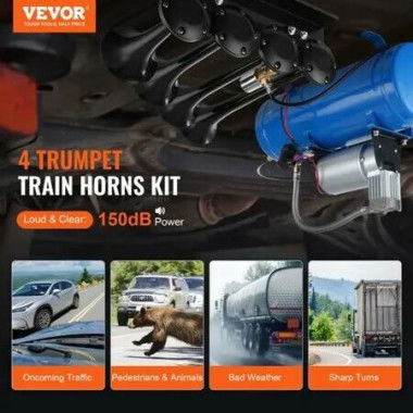 Train Horns Kit, 4 Trumpet Air Horn Kit, 150dB Train Horns for Pickup Trucks, 12V 120 psi Air Compressor 1.6 Gal/6 L Tank with Gauge for Any 12V Vehicle Car Truck Train Van Boat