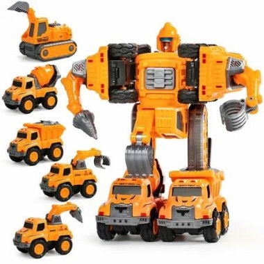 Transforming Robot Toys 5 in 1 Construction Vehicle Action Figures Set - Building STEM Car Toys for 3-6 Year Old Boys,Orange