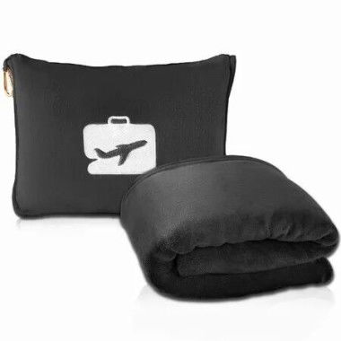 Travel Blanket and Pillow Soft 2 in 1 Airplane Blanket with Soft Storage Bag,Hand Luggage and Backpack Clip Black