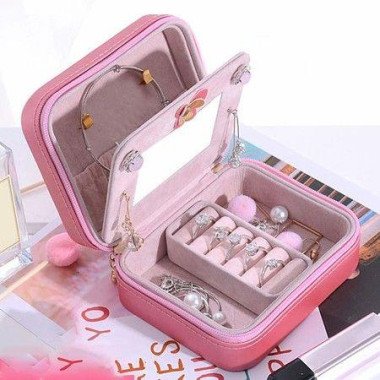 Travel Jewelry Box - Small Faux Leather Travel Jewelry Box Organizer Display Storage Case For Rings Earrings Necklaces - Jewelry Storage Box Organizer For Women Girls (Pink)