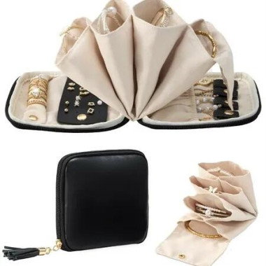 Travel Jewellery Organizer Case, Portable Soft Multi Compartment Storage Pouch for Women Necklaces Earrings Bracelets, Black