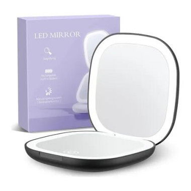 Travel Makeup Mirror Rechargeable Double Sided Vanity LED 10X Magnification 3 Light Colours Adjustable Brightness Handheld Purse Black