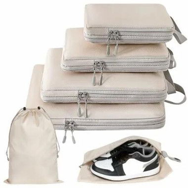 Travel Packing Cubes Compression Suitcase Carry On Luggage Organiser Expandable Lightweight Shoe Bag Beige 6PCS