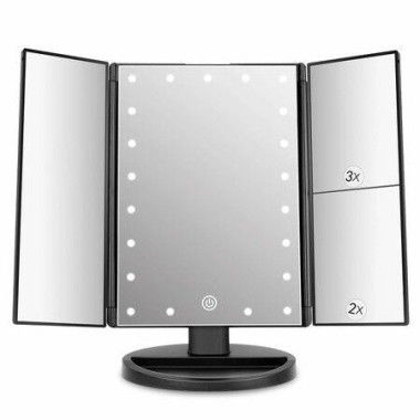 Tri-Fold Lighted Vanity Mirror With 22 LED Lights Touch Screen 3X/2X/1X Magnification Makeup Mirror - Black.