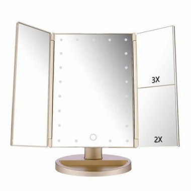 Tri-Fold Lighted Vanity Mirror With 22 LED Lights Touch Screen 3X/2X/1X Magnification Makeup Mirror - Gold.