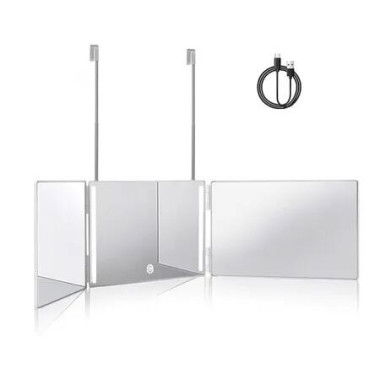 Trifold Mirror Hair Cutting 360 LED Height Adjustable Telescoping Hooks Makeup Styling White Portable