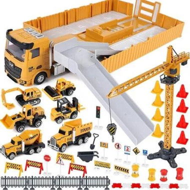 Truck Toys Construction Vehicles Large Play Set Crane Excavator Steam Roller Bulldozer Mixer Forklift Gift Boys Ages 4-8 Fun Learning