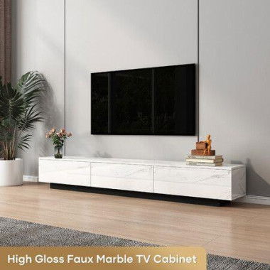 TV Cabinet Stand Unit Console Table 180cm Entertainment Center Bench Media Player Storage Drawer Wooden Furniture High Gloss Marble Effect