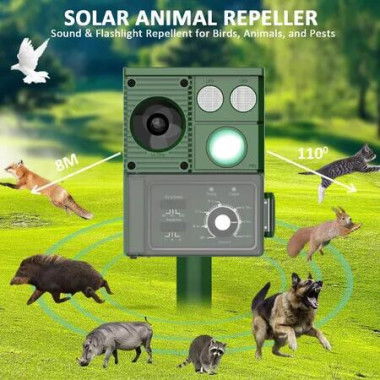 Ultrasonic Bird Animal Repellent Scarer Solar Powered Mouse Repeller Cat Dog Rat Deterrent Motion Sensor Pest Control Possum Fox Deer LED Flashlight