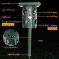 Detailed information about the product Ultrasonic Solar Animal Repeller Pest Control with Predator Sound, Motion Detection, and LED Strobe Light for Dog, Cat, Squirrel, Mice