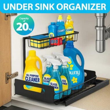 Under Sink Storage Rack 2 Tier Counter Organiser Spice Shelving Cabinet Slide Out Drawer Shelf Sliding Pullout Tray Unit Kitchen Bathroom Carbon Steel