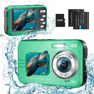 Underwater Camera 4K UHD 48MP Waterproof with Dual Screens 16X Zoom Selfie Fill Light Snorkeling 64GB Card Green