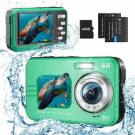 Detailed information about the product Underwater Camera 4K UHD 48MP Waterproof with Dual Screens 16X Zoom Selfie Fill Light Snorkeling 64GB Card Green