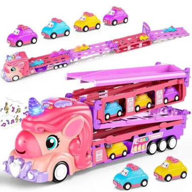 Unicorn Toys Truck, 6 Princess Cars and 2 Players Fold Out Track with Light and Sound Toys Birthday Gifts for 3, 4, 5, 6, 7 Year Old Toddler Girl