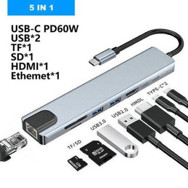 USB 3.0 Type C Hub To Gigabit Ethernet RJ45 LAN 5 In 1 Compatible For MacBook Pro USB-C.