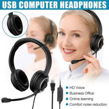 USB Headset Wired Noise Cancelling Microphone PC Laptop Headphones Over Ear Gaming Call Centre Office Computer