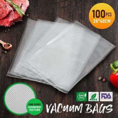 Vacuum Sealer Bags Food Storage Saver Plastic Reusable Precut 100PCS With Diamond Texture 28x40cm