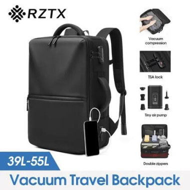 Vacuum Travel Backpack Rucksack Waterproof Compression Expandable Antitheft Men Carryon Luggage Bag Work Business Laptop Black 39-55L USB Charging