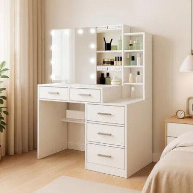Vanity Dressing Table Hollywood Makeup Mirror 10 LED Lights 3 Colour Dimmable Dresser Desk Cabinet White Modern Bedroom Furniture Storage Drawer Shelf