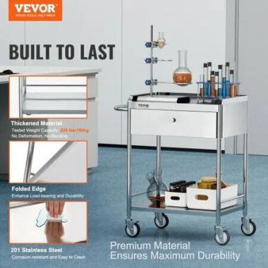 VEVORÂ Medical Cart 2 LayersÂ Stainless Steel CartÂ 100 kg Weight CapacityÂ Lab Utility CartÂ with 360Â° Silent Wheels and a Drawer for Lab ClinicÂ Kitchen Salon