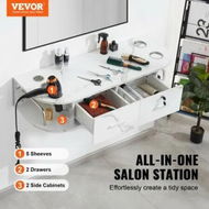 Detailed information about the product Wall Mount Styling Station Hair Barber Table with 5 Hair Dryer Holders 2 Drawers(One Lockable) Beauty Salon Equipment for SPA Barber Shop White